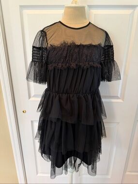 Black K/lab dress w/layers sheer ruffles,black lining & sheer sleeve Small